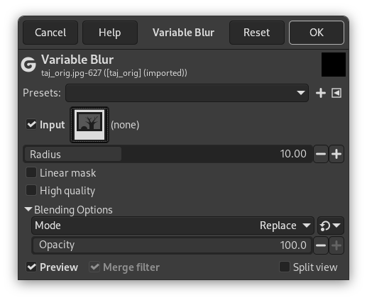 Variable Blur filter dialog options