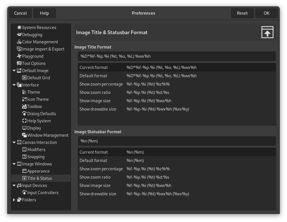 Image Title and Statusbar Format Preferences