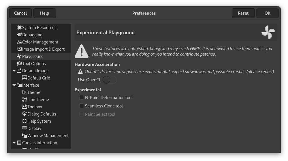 Experimental Playground Preferences