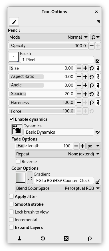 „Pencil” Tool options