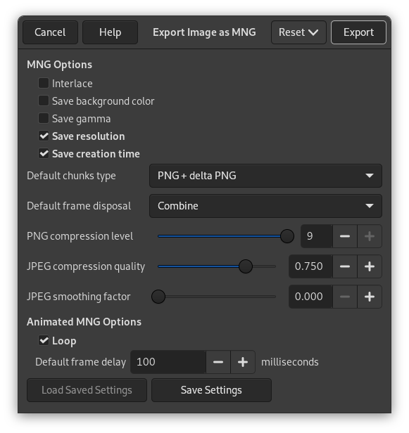 The MNG Export dialog