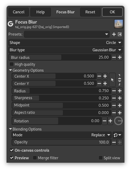 Opções do diálogo do filtro Borrão de Foco com Opções de Geometria expandidas