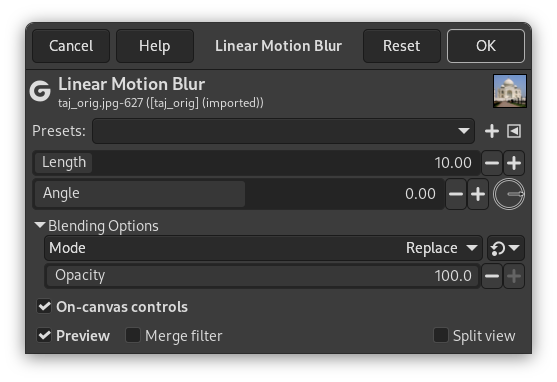 Opções do filtro “Desfoque de Movimento Linear”