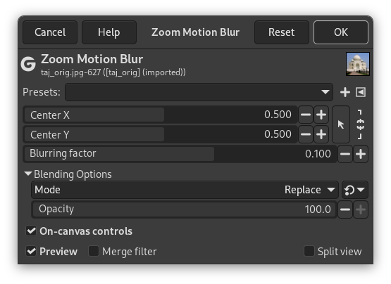 Opções do filtro “Desfoque de Movimento de Aproximação”