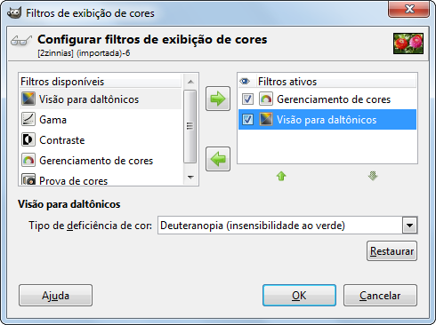 Descrição do diálogo de “Visão com deficiência de cor”