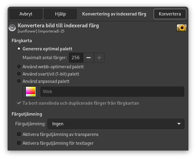 Dialogrutan ”Konvertera bild till indexerade färger”