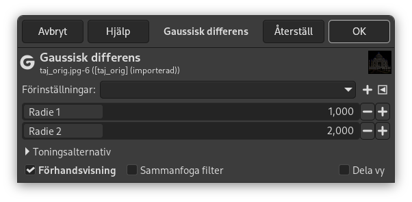 Alternativ för filtret Gaussisk differens