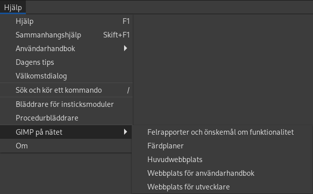 Undermenyn ”GIMP på nätet” i hjälpmenyn