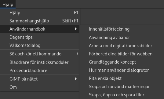 Undermenyn ”Användarhandbok” i hjälpmenyn