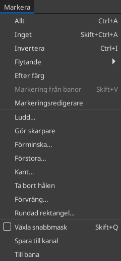 Innehållet i ”Markera”-menyn
