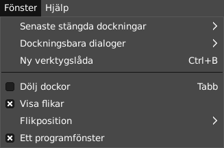 Innehållet i ”Fönster”-menyn