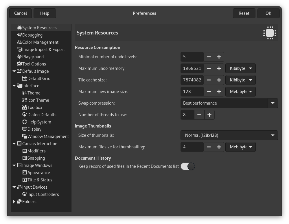 System Resources Preferences