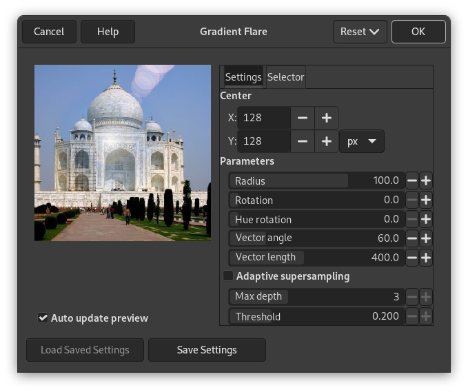 «Gradient Flare» filter options (Settings)