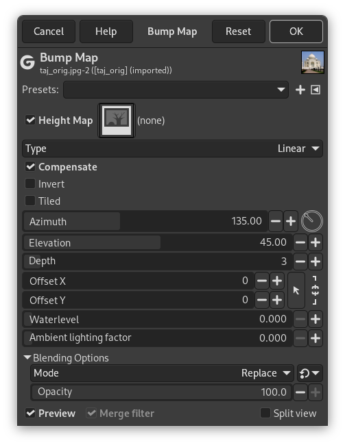 «Bump Map» filter options