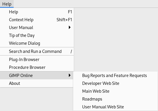 The «GIMP Online» submenu of the Help menu