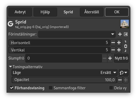 Alternativ för filtret ”Sprid”