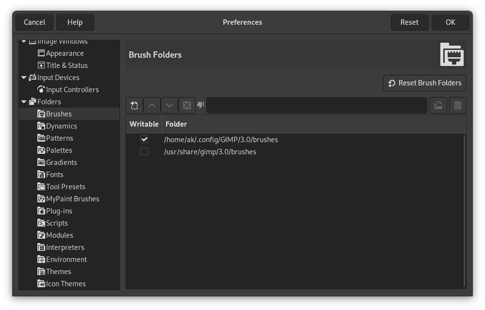 Indstillinger for mapper til pensler