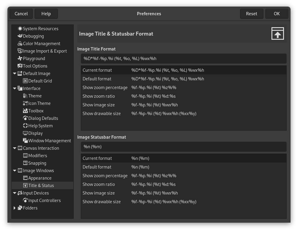 Indstillinger for billedtitel og statuslinjes formater