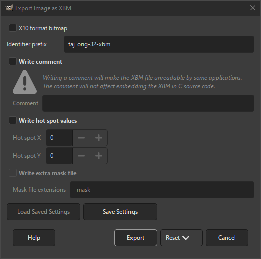 The XBM Export dialog