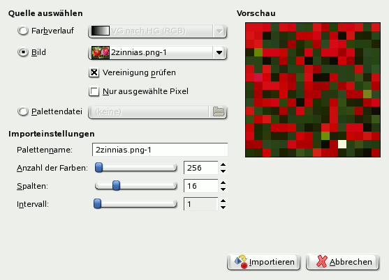 Das Dialogfenster „Palette importieren“