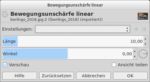 Eigenschaften für das Filter „Bewegungsunschärfe linear“