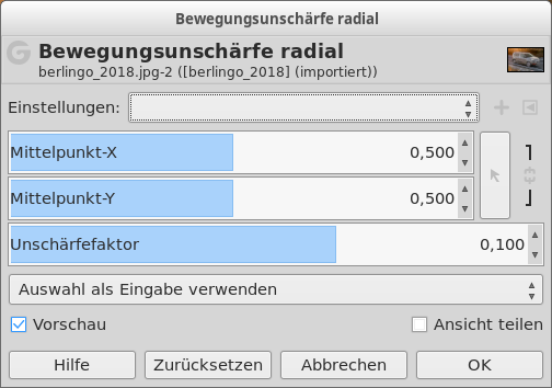 Eigenschaften für das Filter „Bewegungsunschärfe radial“