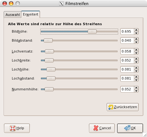 Eigenschaften für das Filter »Filmstreifen« (Erweitert)