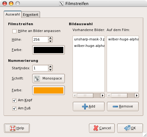 Eigenschaften für das Filter »Filmstreifen« (Auswahl)