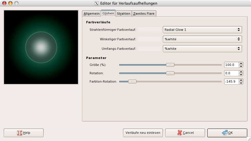 Eigenschaften im Reiter »Glühen« für den »Editor für Verlaufsaufhellungen«