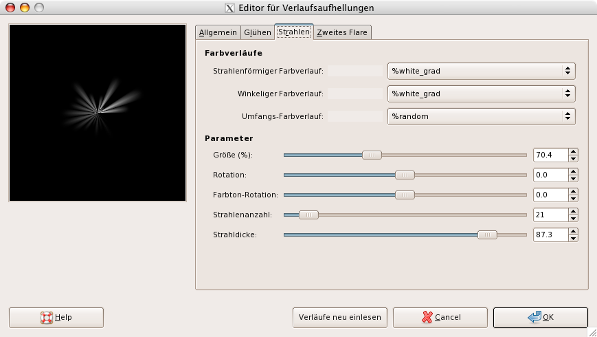 Eigenschaften im Reiter »Strahlen« für den »Editor für Verlaufsaufhellungen«