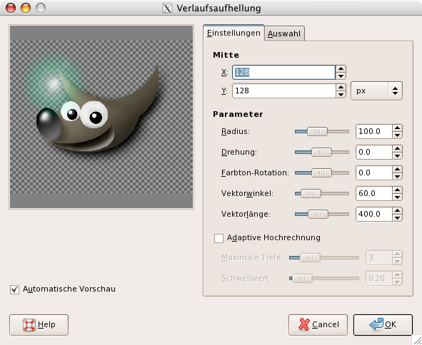 Eigenschaften im Reiter »Einstellungen« für das Filter »Verlaufsaufhellung«