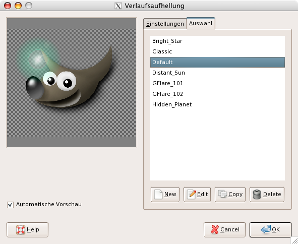 Eigenschaften im Reiter »Auswahl« für das Filter »Verlaufsaufhellung«