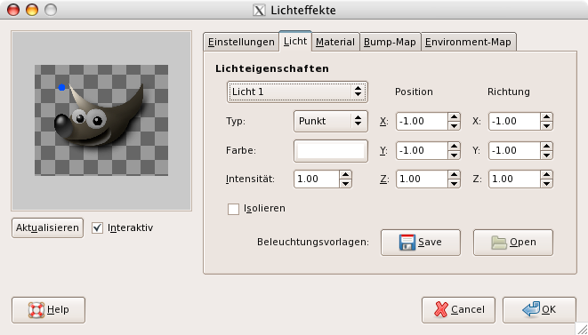 Eigenschaften (Licht) für das Filter »Lichteffekte«