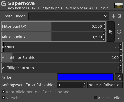 Eigenschaften für das Filter »Supernova«