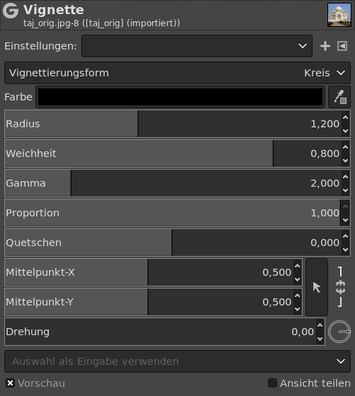 Eigenschaften für das Filter »Vignette«