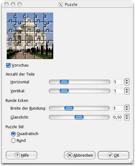 Eigenschaften für das Filter „Puzzle“