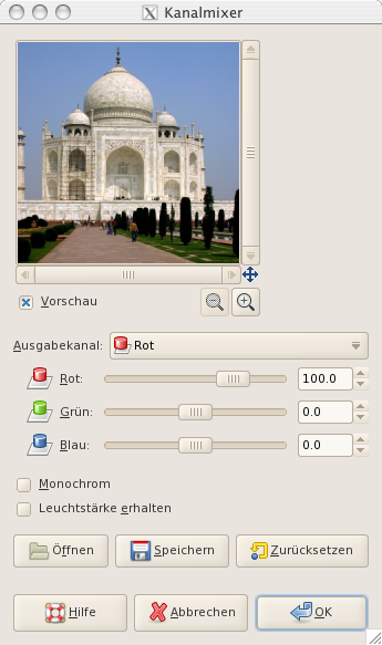 Eigenschaften für das Filter »Kanalmixer«