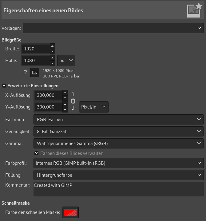 Die Einstellungsansicht für neue Bilder