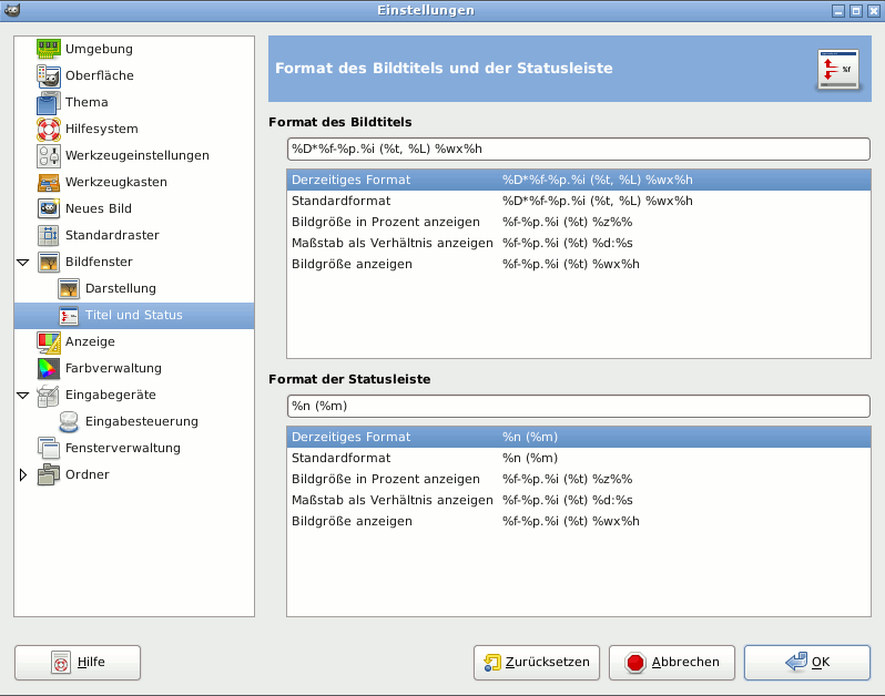 Image Title and Statusbar Format Preferences