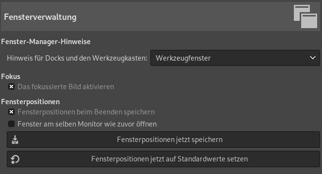 Die Ansicht in den Einstellungen zum Anpassen der Fensterverwaltung