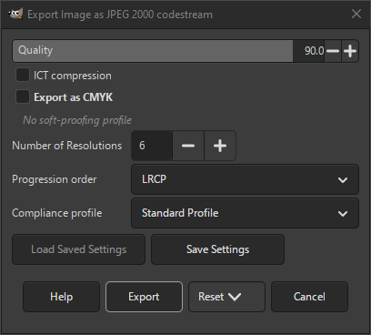 The JPEG 2000 codestream Export dialog