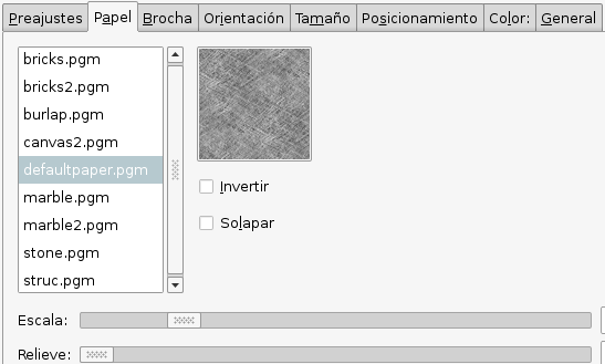 Opciones de la pestaña “Papel”