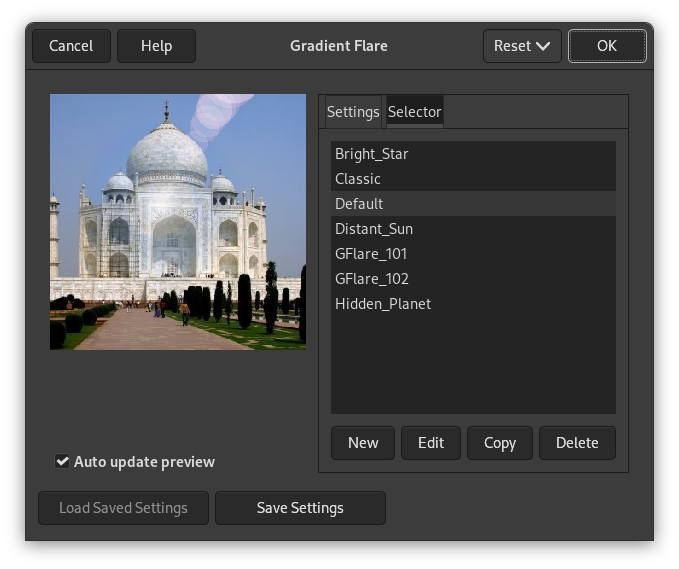 Opciones del filtro “Destello con degradado” (Selector)