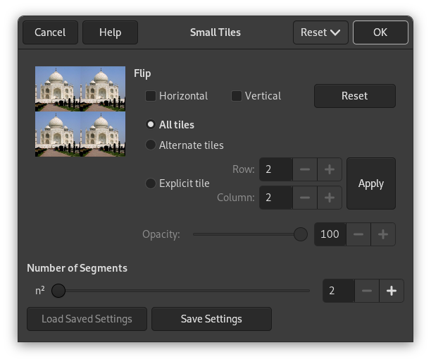 Opciones del filtro “Baldosas pequeñas”