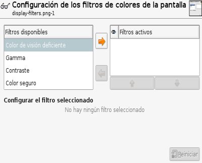 El diálogo “Filtros de colores de la pantalla”
