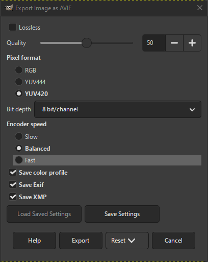 The AVIF Export dialog