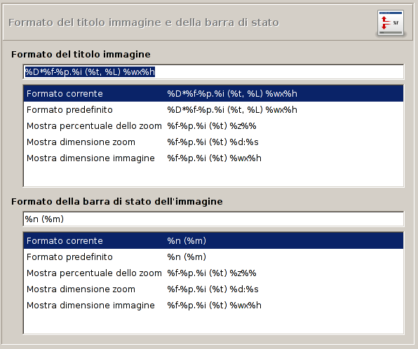 Preferenze formato barra di stato e titolo immagine