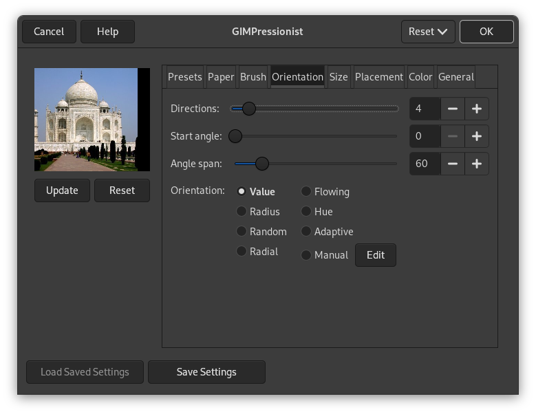 Orientation tab options