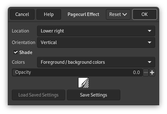 Page Curl filter options