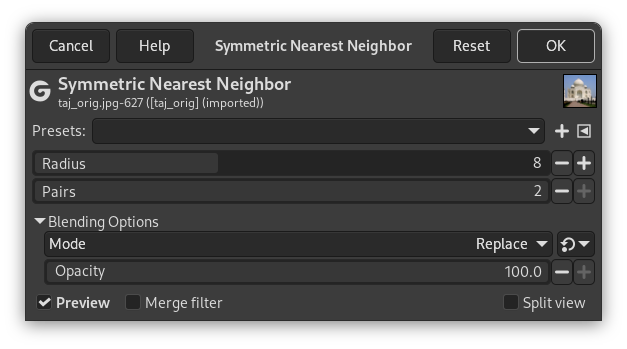 Symmetric Nearest neighbor filter options